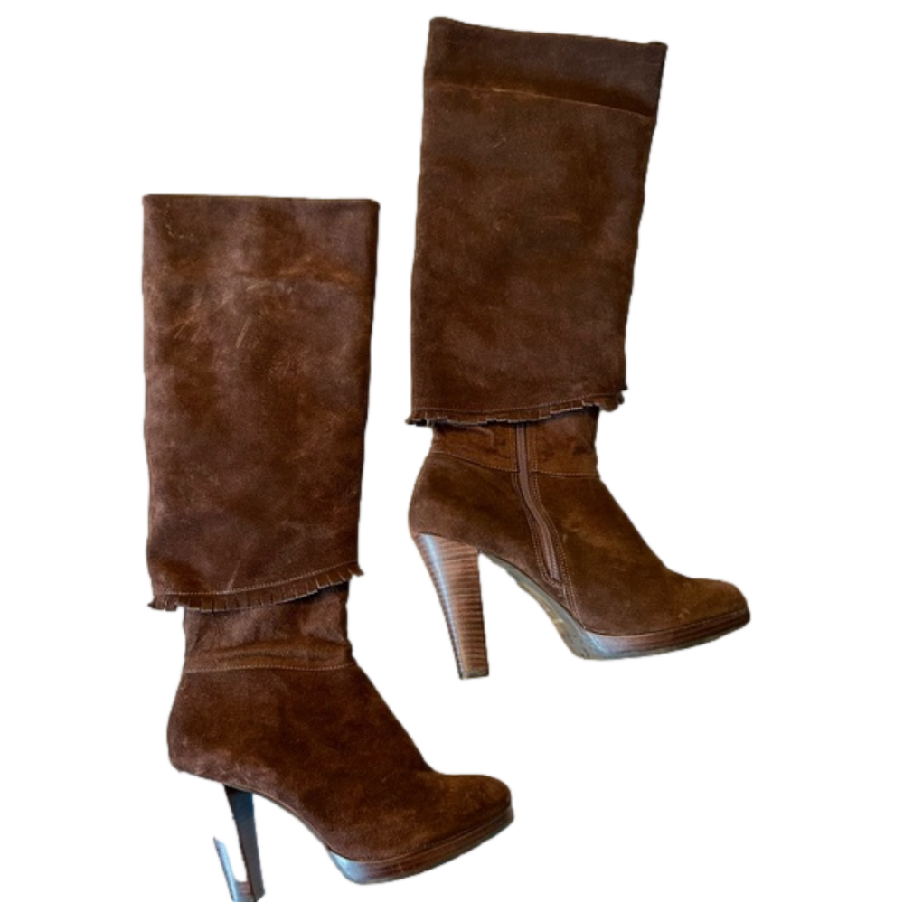 Matisse Brown Suede Knee High Boots Fold Over Fringe